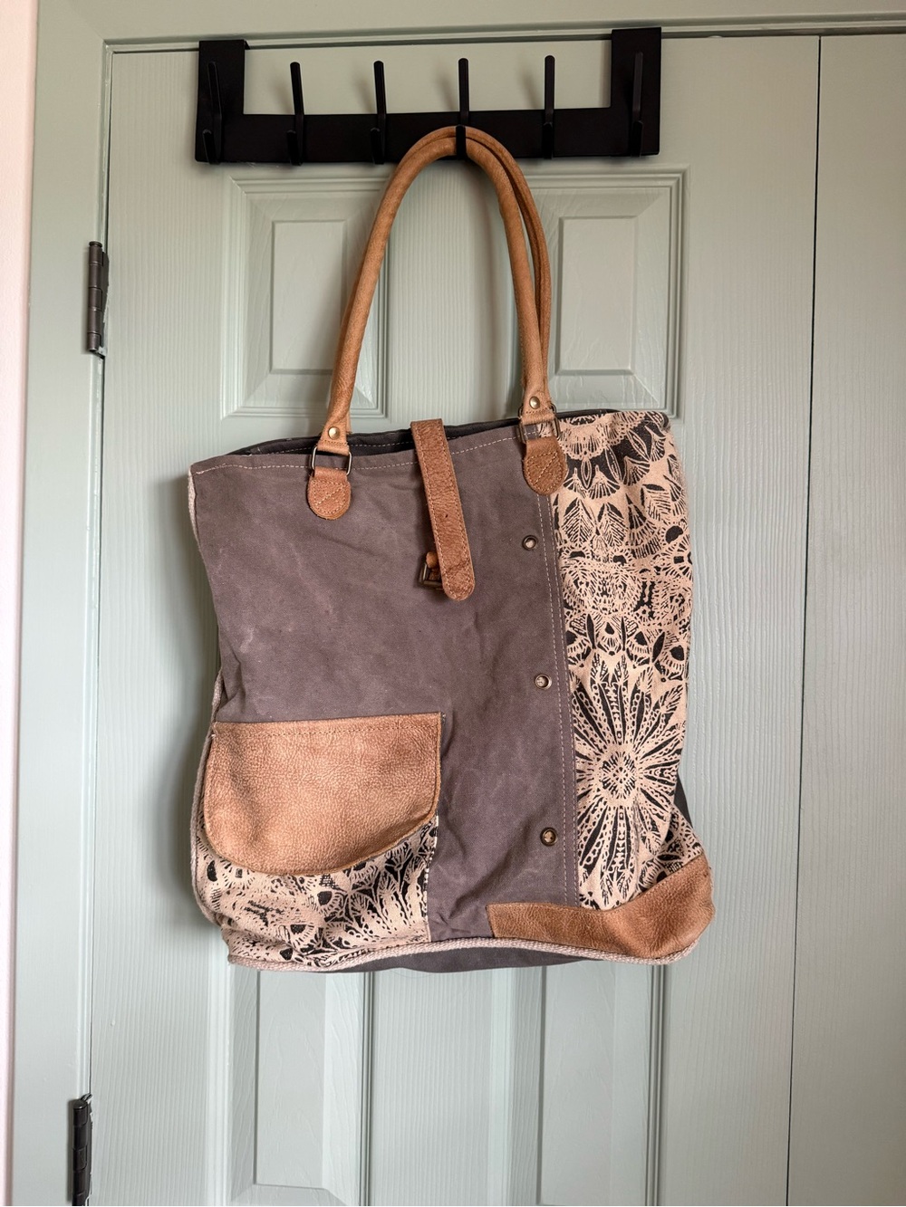 Myra Bag Taupe and Tan Canvas Tote with Patterned Panel